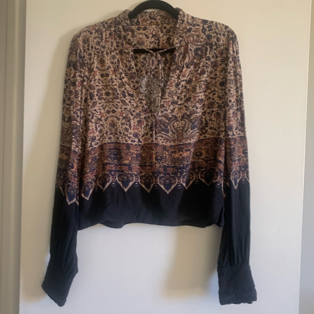 Free People Cream and Black Crop Blouse with Mandarin Collar